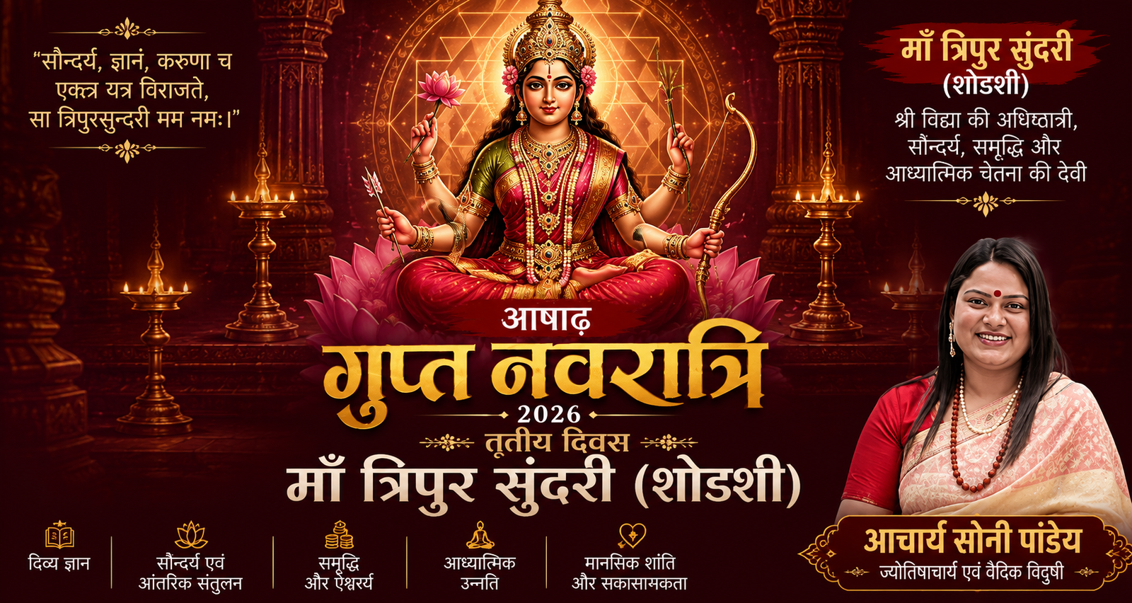आषाढ़ गुप्त नवरात्रि 2026 तृतीय दिवस : माँ त्रिपुर सुन्दरी (षोडशी) की उपासना, श्रीविद्या, सौन्दर्य और चेतना का वैदिक महत्व