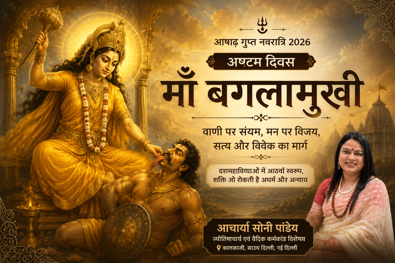 आषाढ़ गुप्त नवरात्रि 2026 अष्टम दिवस : माँ बगलामुखी की उपासना, आत्मसंयम, वाणी की शक्ति और वैदिक साधना का महत्व